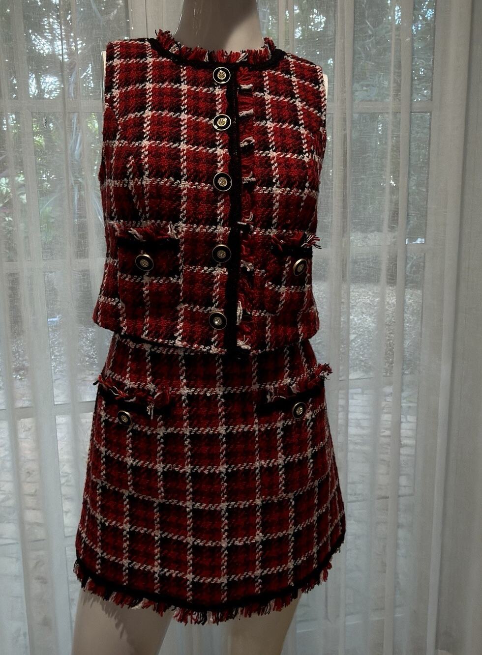 Walter Baker Red Plaid Tweed Vest Mini Skirt 2 Piece Set Size S/2 Wool Blend
